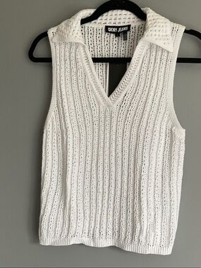 DKNY Open-Knit White Sleeveless Polo V-Neck Tank